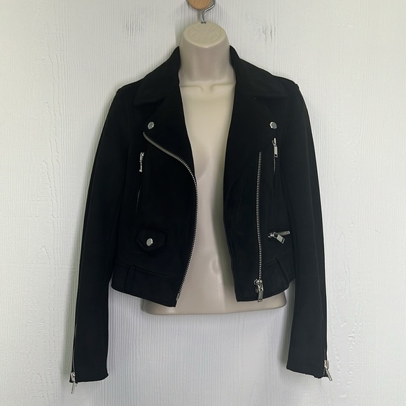 Zara - Black Faux Suede Cropped Moto Biker Long Sleeve Zipper Jacket Size XS - Picture 8 of 11